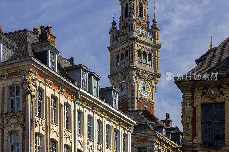 Tower of the Chamber of Commerce in the French city of Lille on the Place du Théâtre. The building was built between 1910 and 1921 and was designed by architect Louis Marie Cordonnier